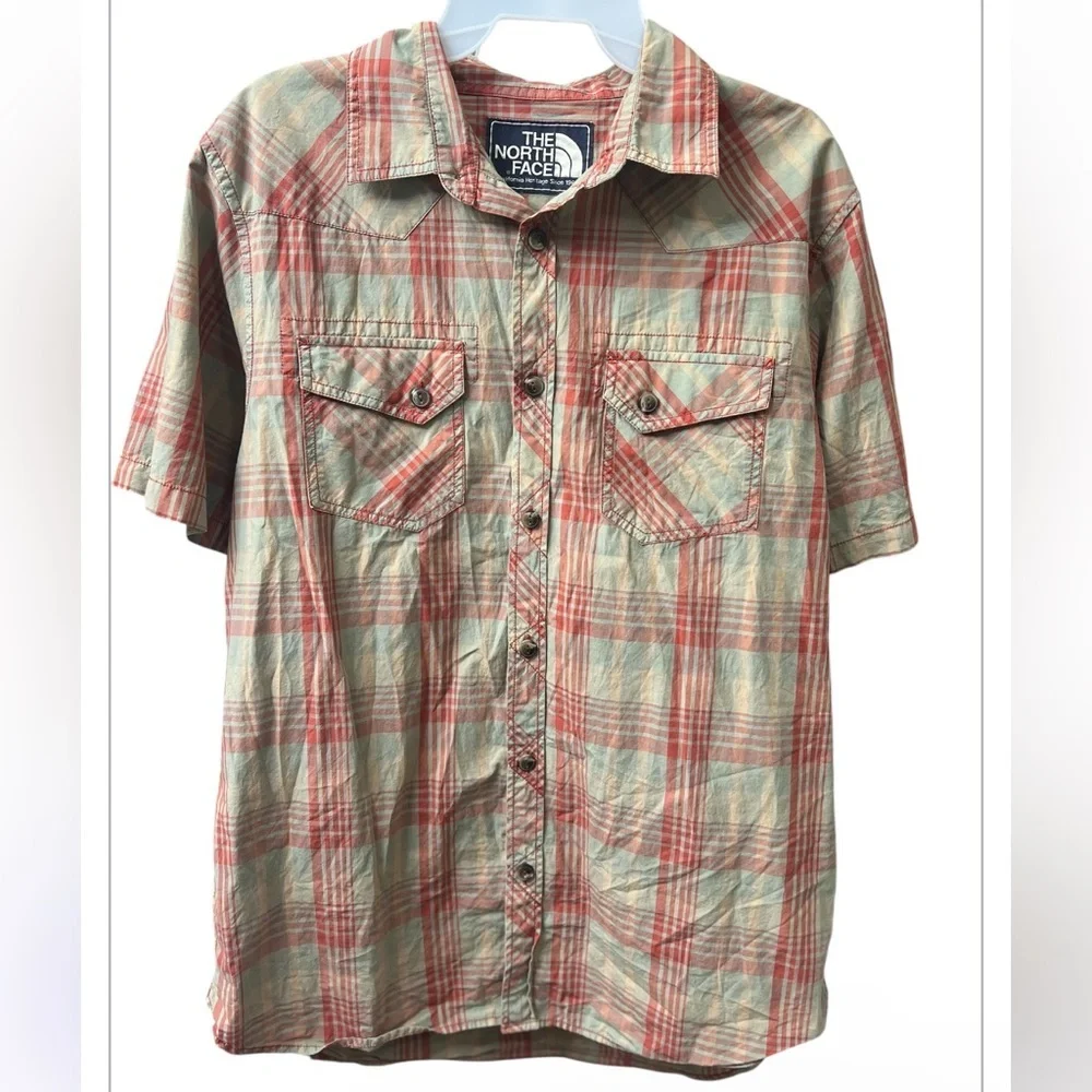The North Face Button Up Short Sleeve Plaid Tan Shirt Large